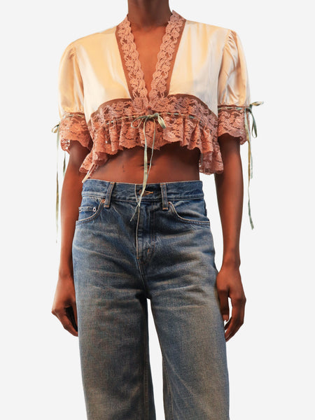 Softy pink lace-trim cropped tie-top - size UK 8 product image