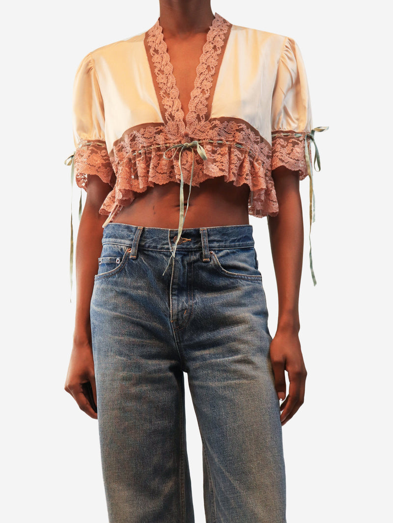 Softy pink lace-trim cropped tie-top - size UK 8