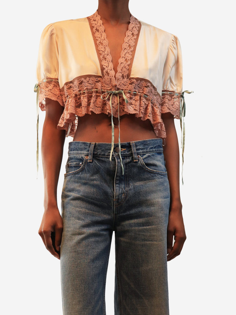 Softy pink lace-trim cropped tie-top - size UK 8