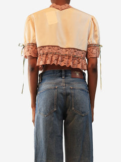 Softy pink lace-trim cropped tie-top - size UK 8