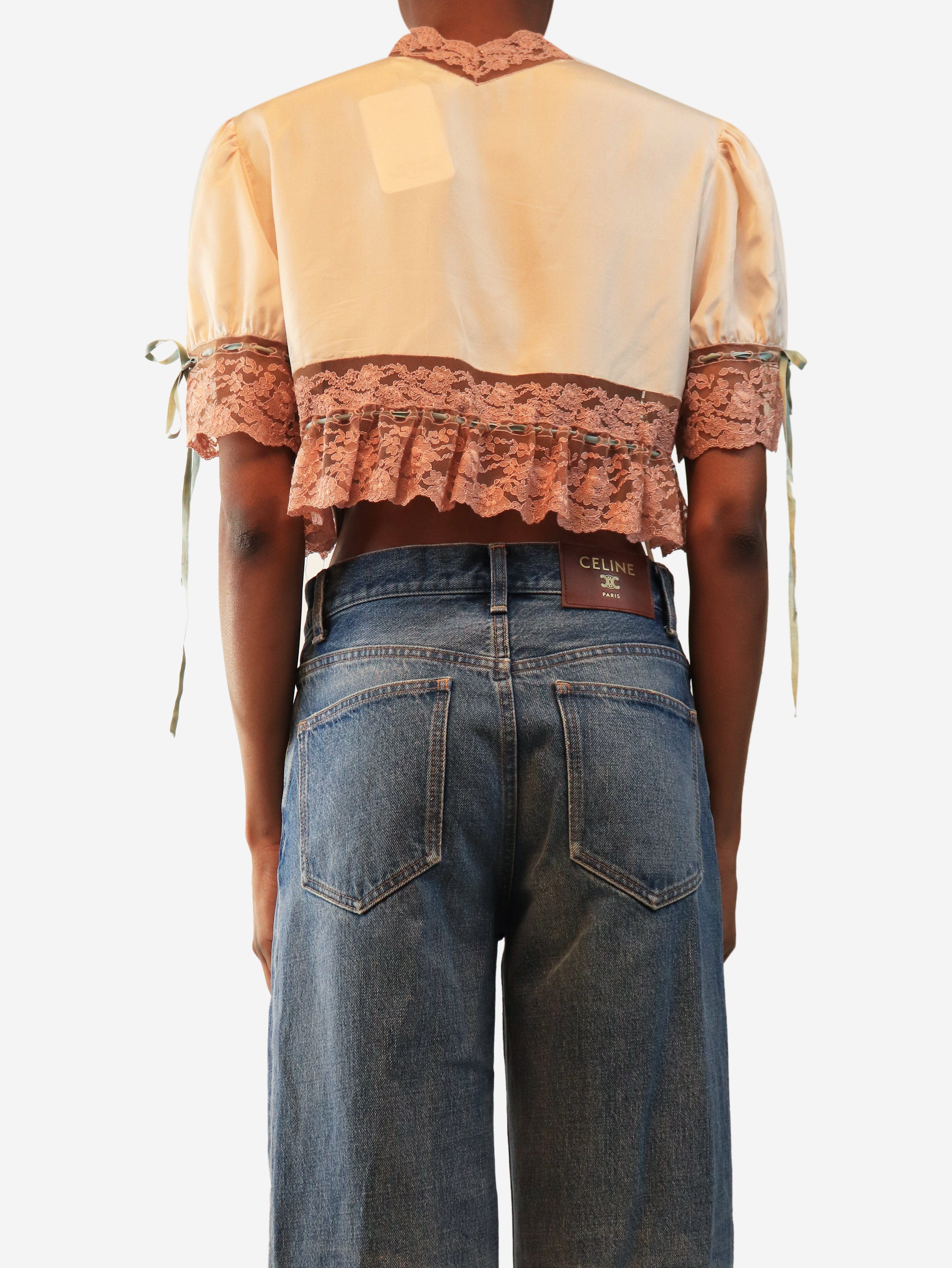 Softy pink lace-trim cropped tie-top - size UK 8
