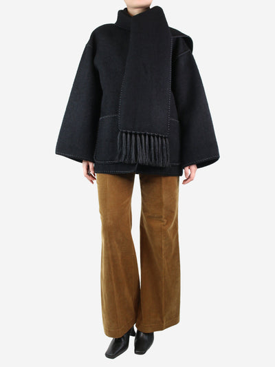 Black draped fringed wool-blend jacket - size UK 12
