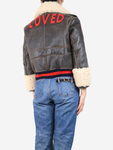 Gucci Brown leather sherpa biker jacket - size UK 8