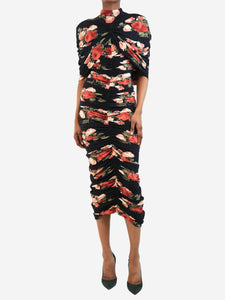 Magda Butrym Black floral ruched midi dress - size UK 8