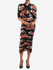 Magda Butrym Black floral ruched midi dress - size UK 8