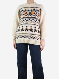 Ganni Cream chunky knit fair isle jumper - size UK 10