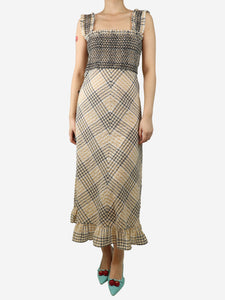 Ganni Neutral and black shirred ruffle-trimmed check midi dress - size UK 8