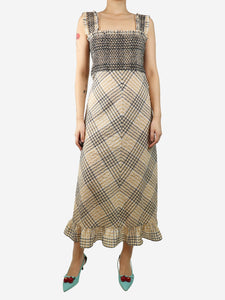 Ganni Neutral and black shirred ruffle-trimmed check midi dress - size UK 8