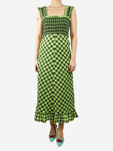 Ganni Neon green shirred ruffle-trimmed check midi dress - size UK 8