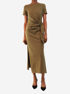 Khaki short-sleeved gathered midi dress - size XS