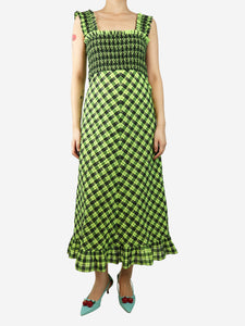 Ganni Neon green shirred ruffle-trimmed check midi dress - size UK 8