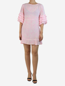 Faithfull The Brand Pink daisy printed ruffled mini dress - size UK 8