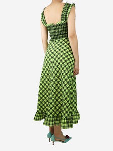 Ganni Neon green shirred ruffle-trimmed check midi dress - size UK 8