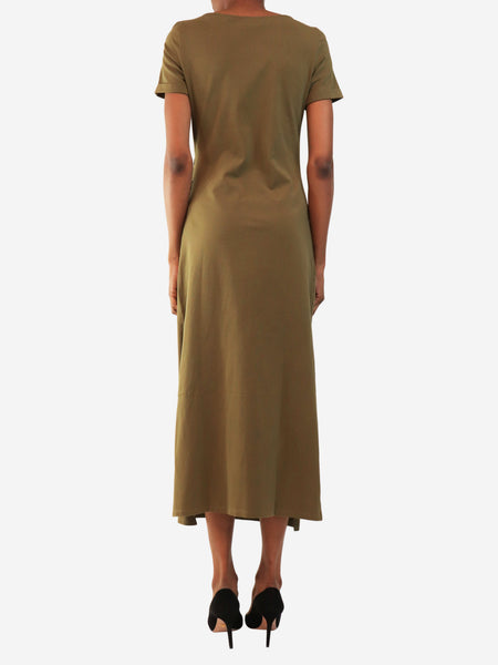 Khaki short-sleeved gathered midi dress - size XS alternate image
