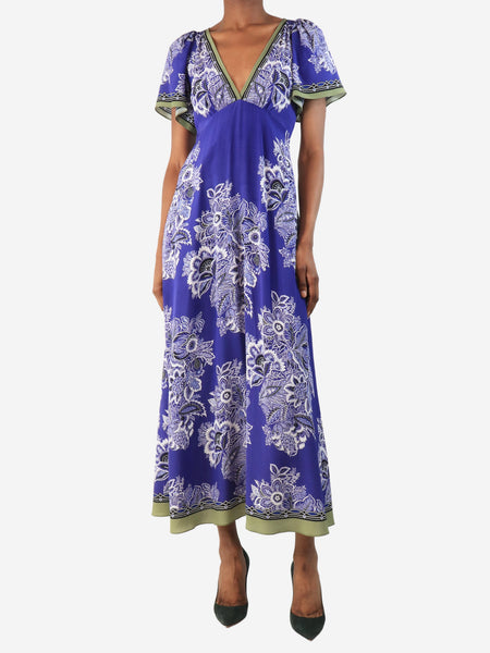 Purple silk floral printed midi dress - size UK 6 product image