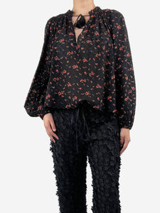 Ulla Johnson Black floral-printed puff-sleeved broderie anglaise top - size UK 8