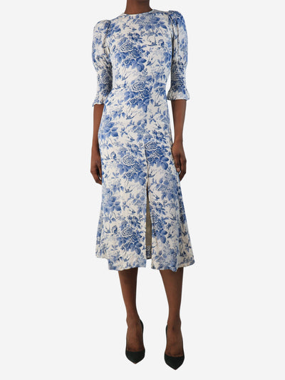 White and blue floral printed midi dress - size UK 4