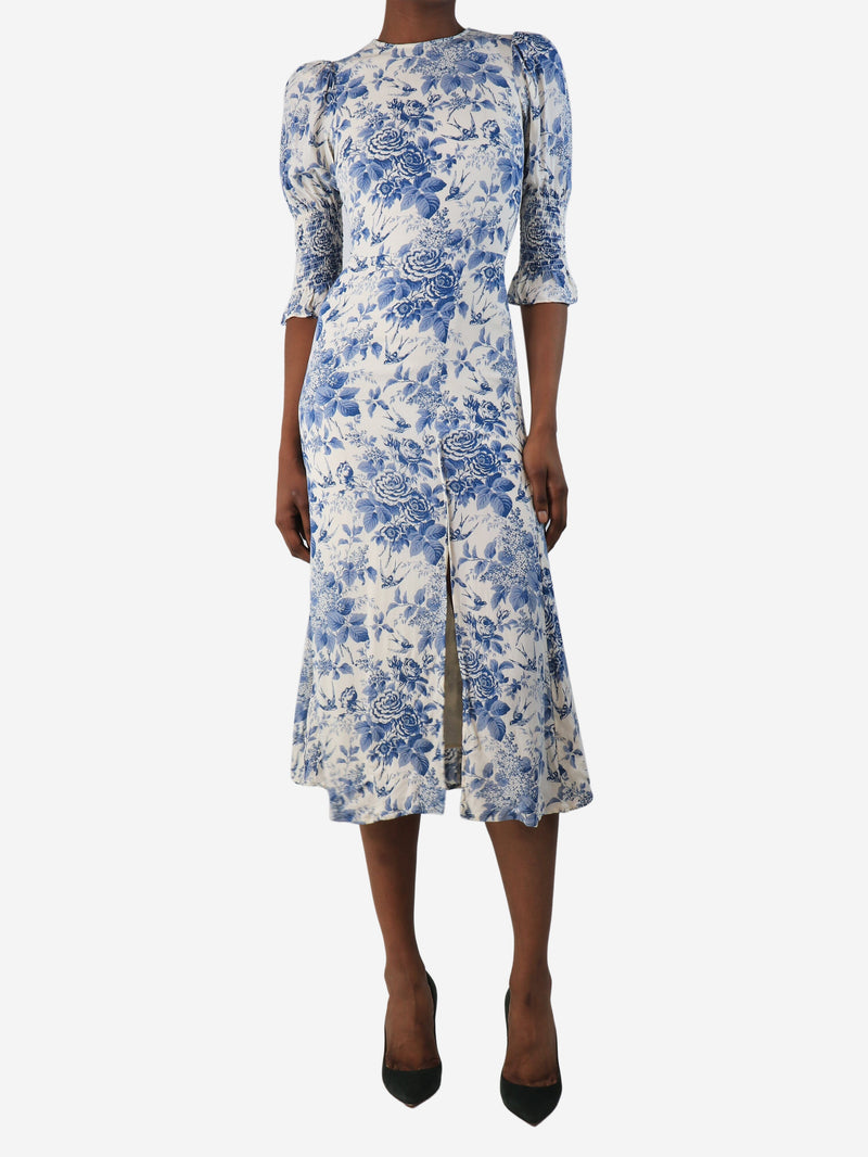 White and blue floral printed midi dress - size UK 4 Dresses Reformation 
