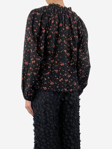 Ulla Johnson Black floral-printed puff-sleeved broderie anglaise top - size UK 8