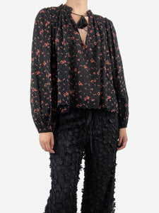 Ulla Johnson Black floral-printed puff-sleeved broderie anglaise top - size UK 8