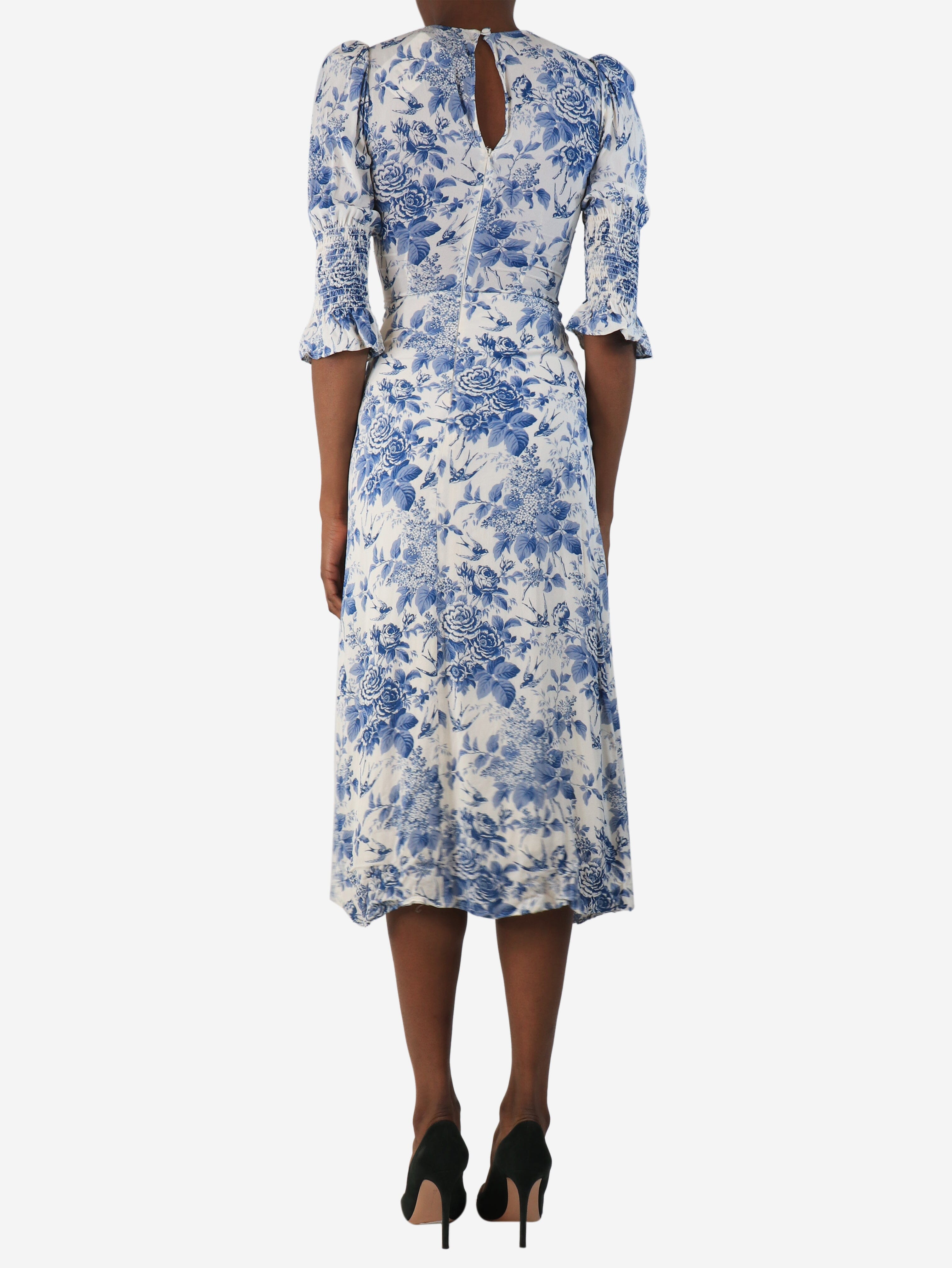 White and blue floral printed midi dress - size UK 4 Dresses Reformation 