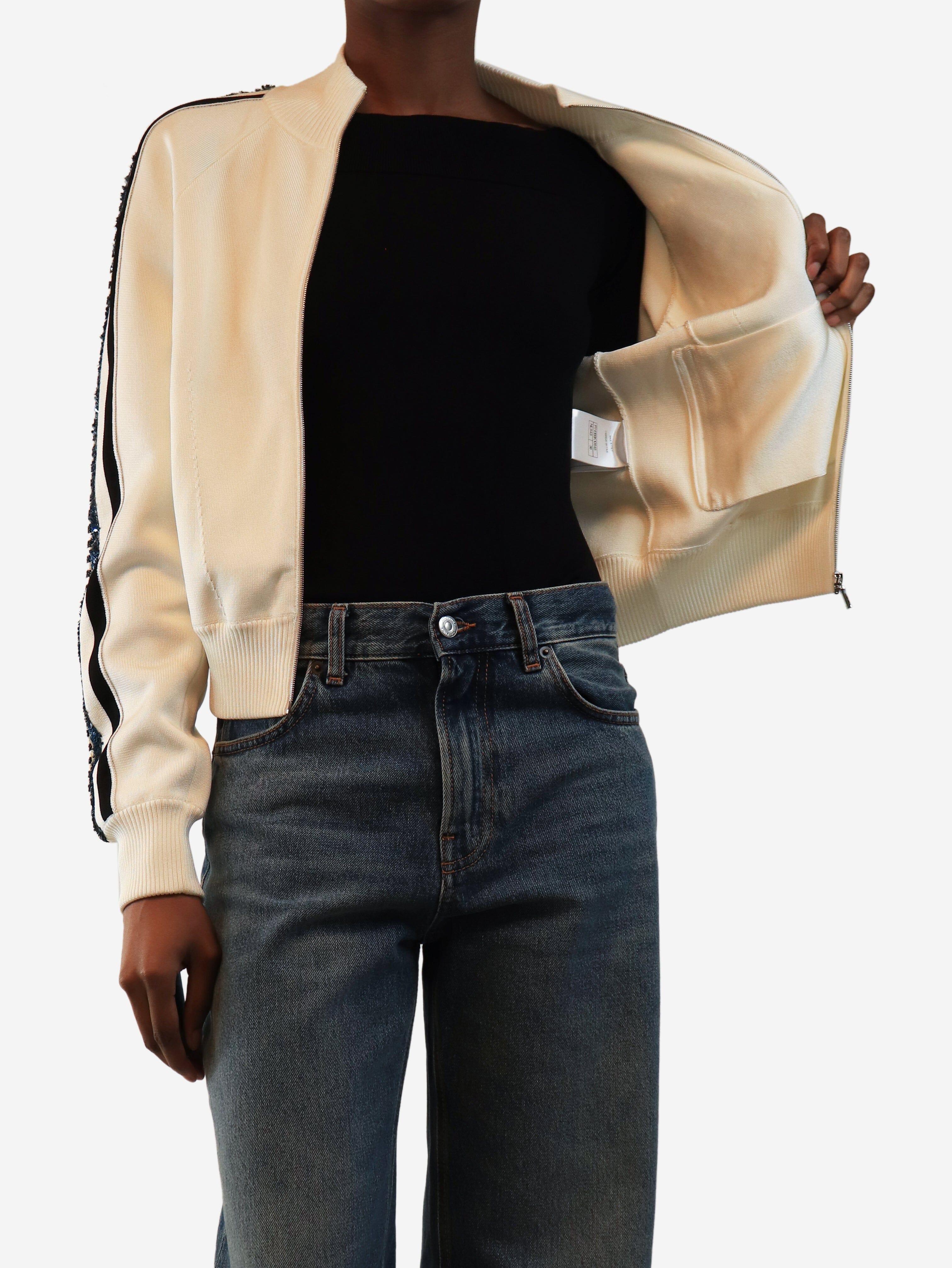 Ivory sequin-trim knit jacket - size UK 8