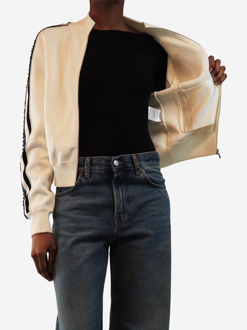 Ivory sequin-trim knit jacket - size UK 8