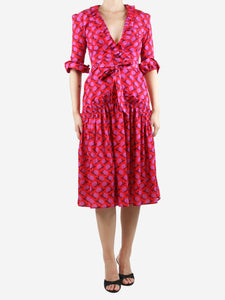 Borgo De Nor Red floral-printed ruffle-trim midi dress - size UK 8