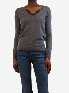 C by Bloomingdale's Grey lace-trimmed cashmere jumper - size XS