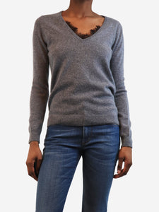 C by Bloomingdale's Grey lace-trimmed cashmere jumper - size XS