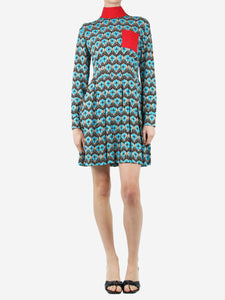 Miu Miu Blue high-neck printed pleated mini dress - size UK 8