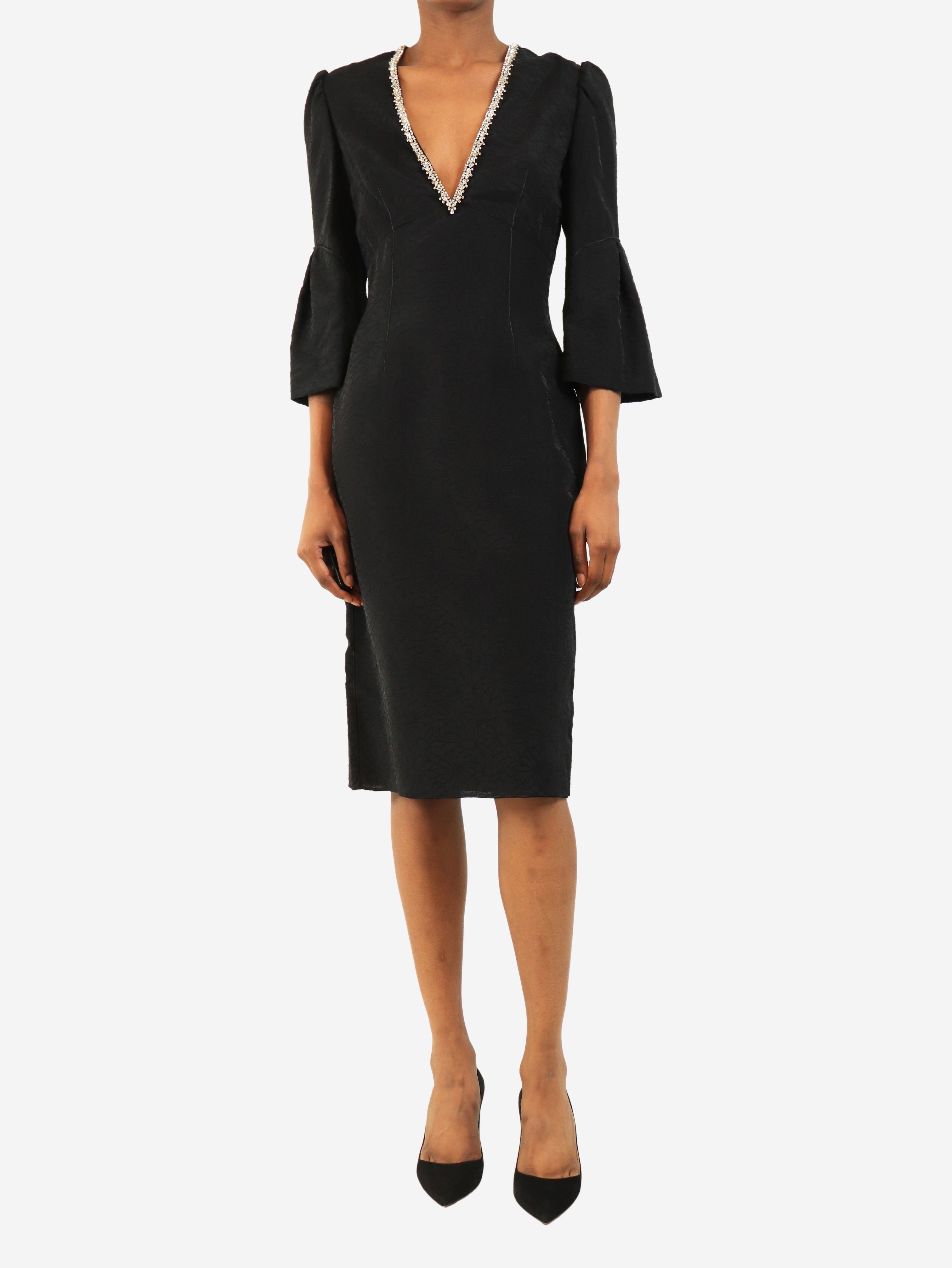 Black crystal embellished lace dress - size UK 8
