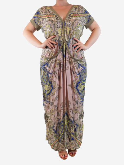 Neutral paisley silk V-neck dress with pockets - size UK 14 Dresses Etro 
