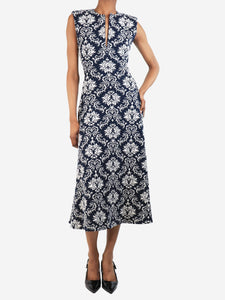ME+EM Navy blue sleeveless floral embroidered midi dress - size UK 6