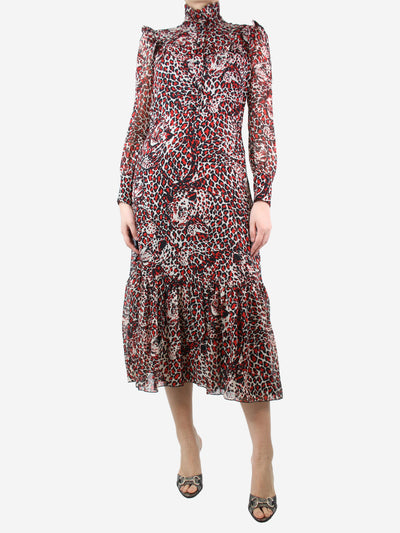 Red leopard-print ruffle midi dress - size UK 12 Dresses Saint Laurent 