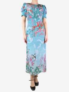 Saloni Blue floral printed silk maxi dress - size UK 8