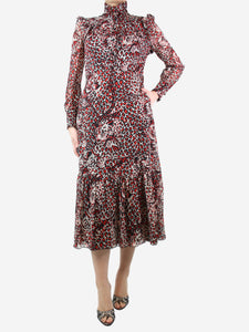 Saint Laurent Red leopard-print ruffle midi dress - size UK 12