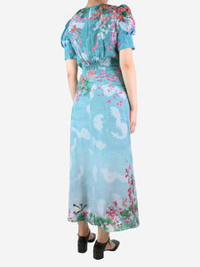 Saloni Blue floral printed silk maxi dress - size UK 8