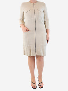 Celine Neutral linen zip-front midi dress - size UK 12