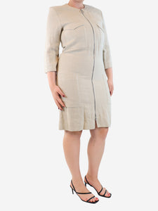 Celine Neutral linen zip-front midi dress - size UK 12