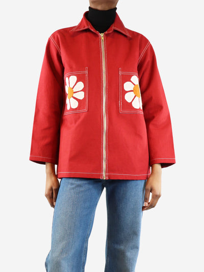 Harago Red Applique flower zipper jacket - size S Coats & Jackets Harago 