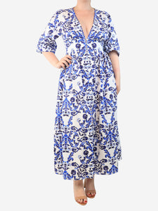 Emilia Wickstead Blue floral printed cotton midi dress - size UK 12