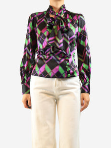 Purple silk geometric-print low-cut top - size UK 8 Tops Diane Von Furstenberg 