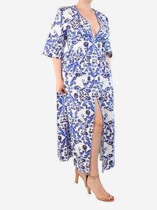 Emilia Wickstead Blue floral printed cotton midi dress - size UK 12