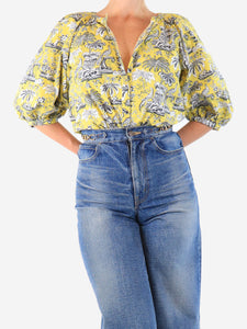 Staud Yellow puff-sleeved printed top - size M