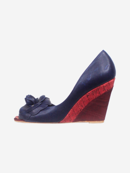 Dark blue leather floral peep-toe wedge sandals - size EU 38.5 product image