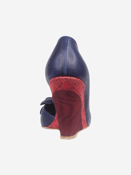 Dark blue leather floral peep-toe wedge sandals - size EU 38.5 alternate image