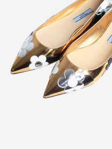 Prada Gold metallic floral-applique flats - size EU 37