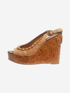 Chanel Brown peep-toe wedge slingback sandals - size EU 39