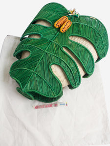 Mercedes Salazar Green leaf raffia top handle bag